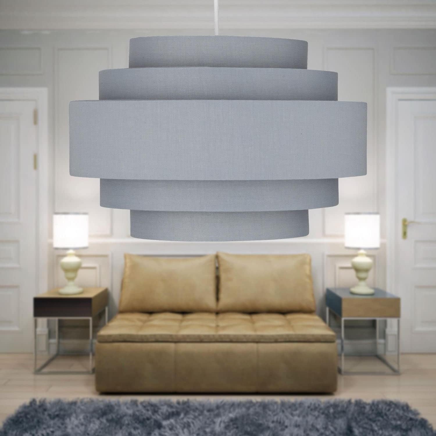 Modern grey pendant light shade hanging from ceiling
