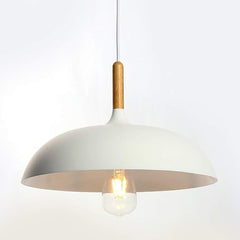 Modern industrial green pendant light hanging over a kitchen island.

