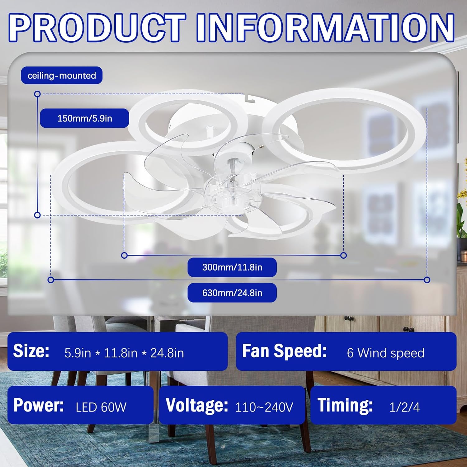 Modern LED Ceiling Fan with Lights – 63cm Dimmable 4-Ring Flush Mount Fan with Remote, 6 Speeds, Quiet Bedroom & Living Room
