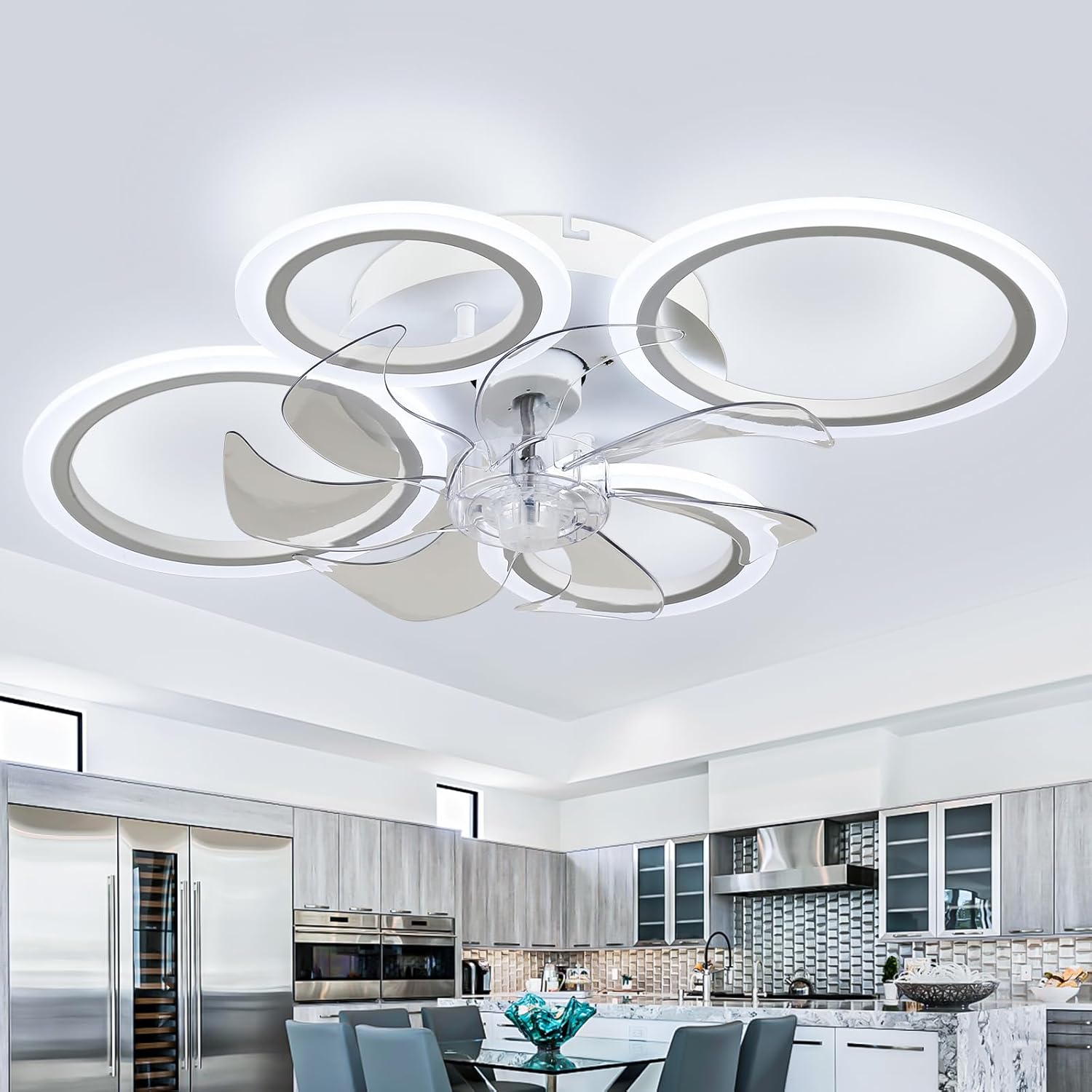 Modern LED Ceiling Fan with Lights – 63cm Dimmable 4-Ring Flush Mount Fan with Remote, 6 Speeds, Quiet Bedroom & Living Room
