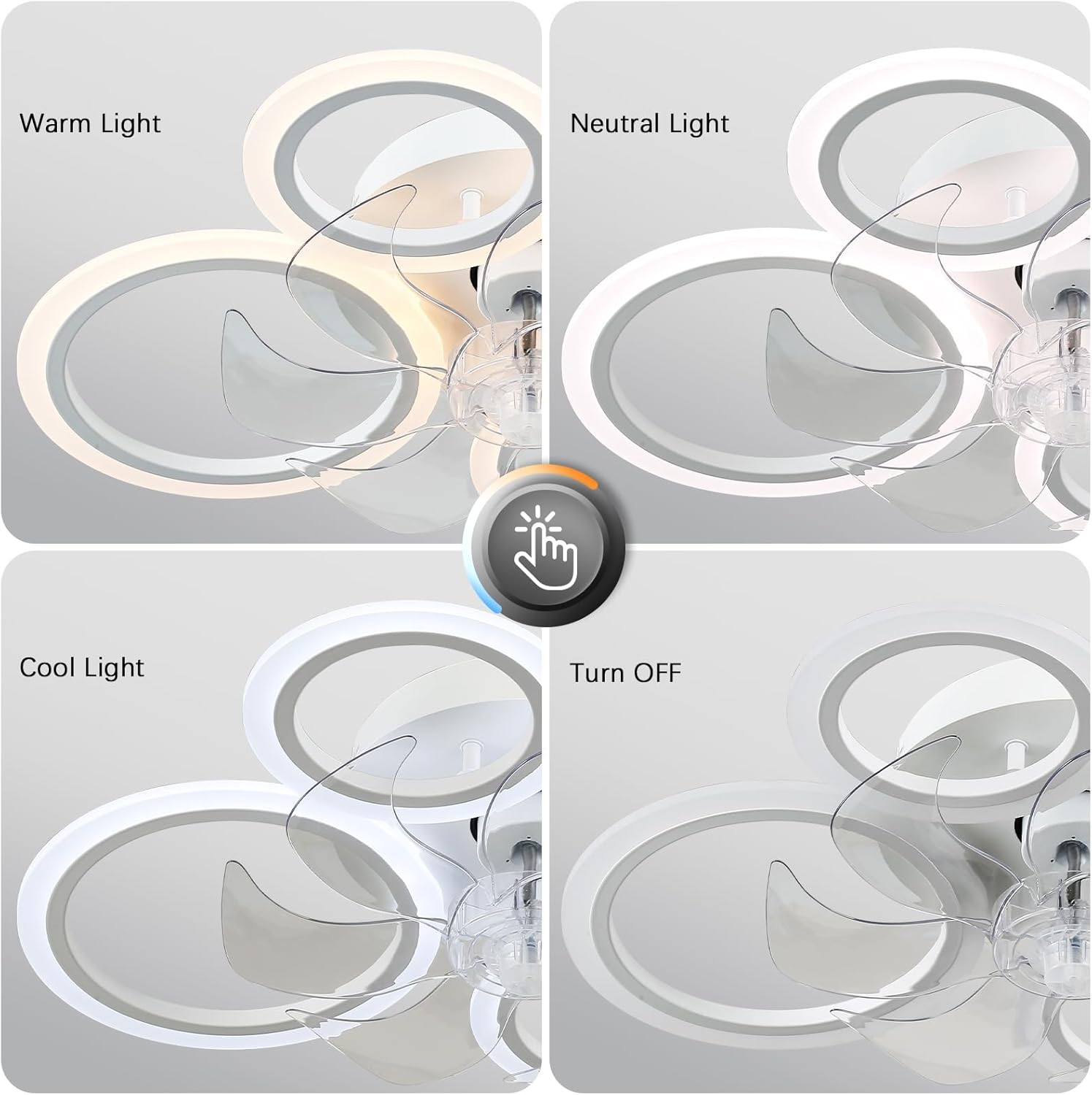 Modern LED Ceiling Fan with Lights – 63cm Dimmable 4-Ring Flush Mount Fan with Remote, 6 Speeds, Quiet Bedroom & Living Room