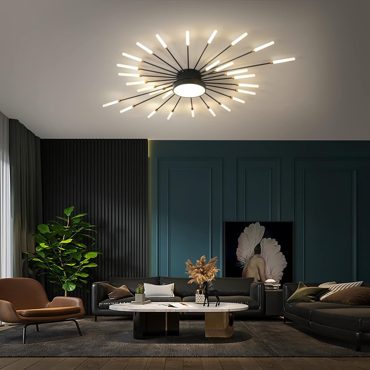 Modern LED Ceiling Light – 28+1 Heads Black Firework Semi Flush Mount Chandelier for Bedroom, Living Room, Dining Room