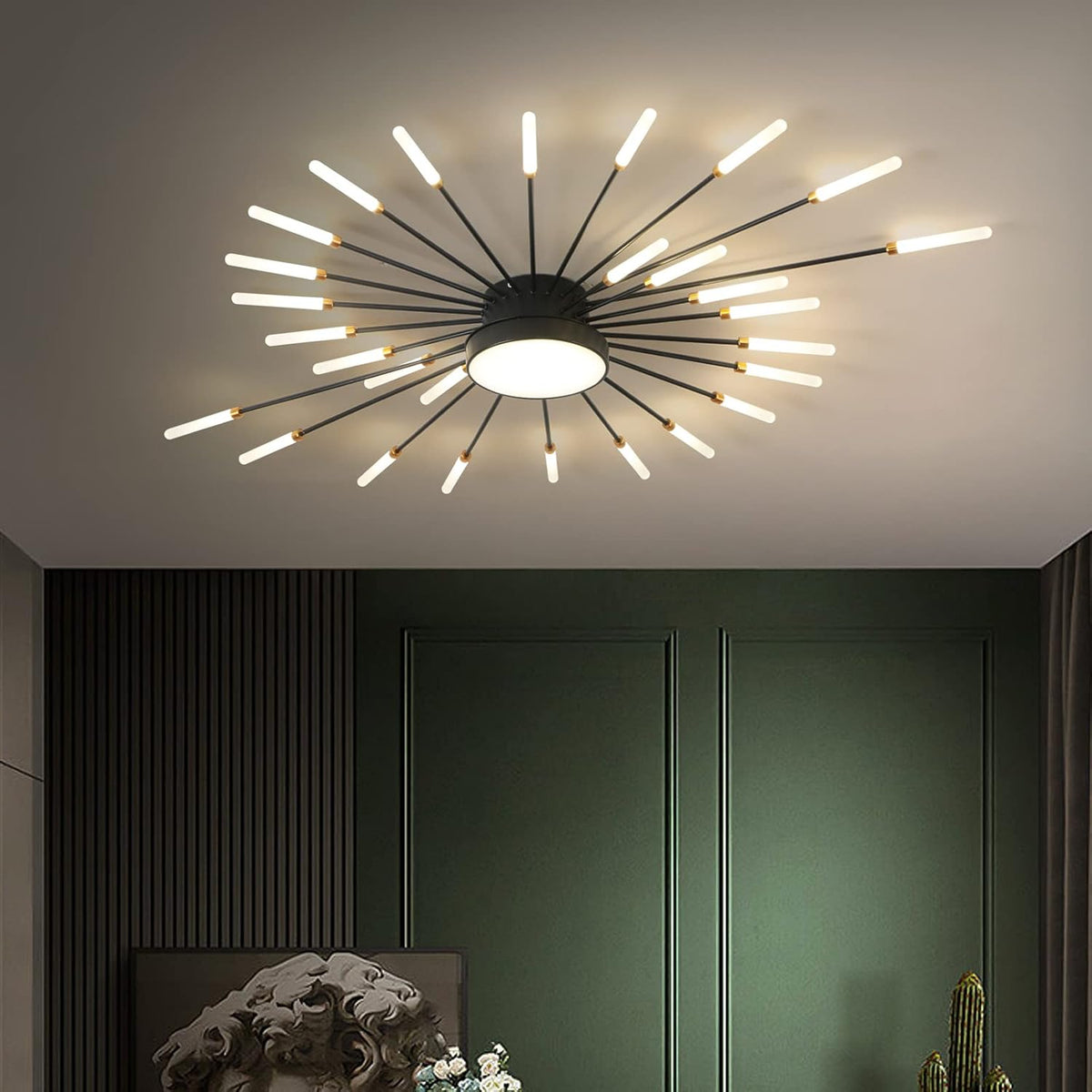 Modern LED Ceiling Light – 28+1 Heads Black Firework Semi Flush Mount Chandelier for Bedroom, Living Room, Dining Room