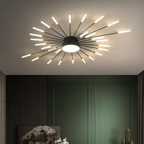 Modern LED Ceiling Light – 28+1 Heads Black Firework Semi Flush Mount Chandelier for Bedroom, Living Room, Dining Room
