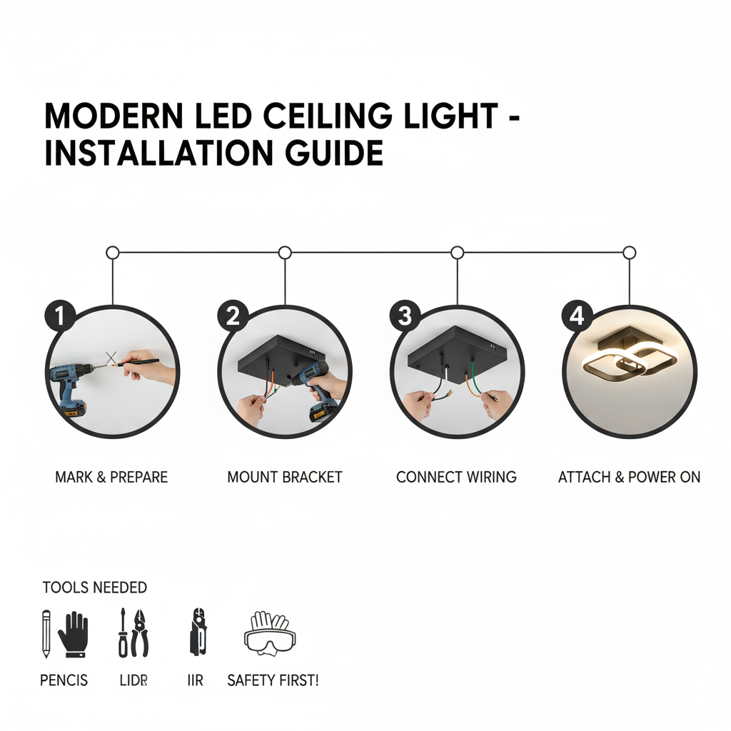 Modern LED ceiling light installation guide with step-by-step instructions and tools needed.
