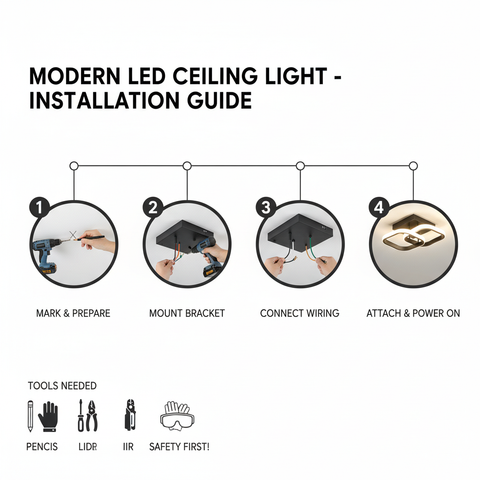 Modern LED ceiling light installation guide with step-by-step instructions and tools needed.