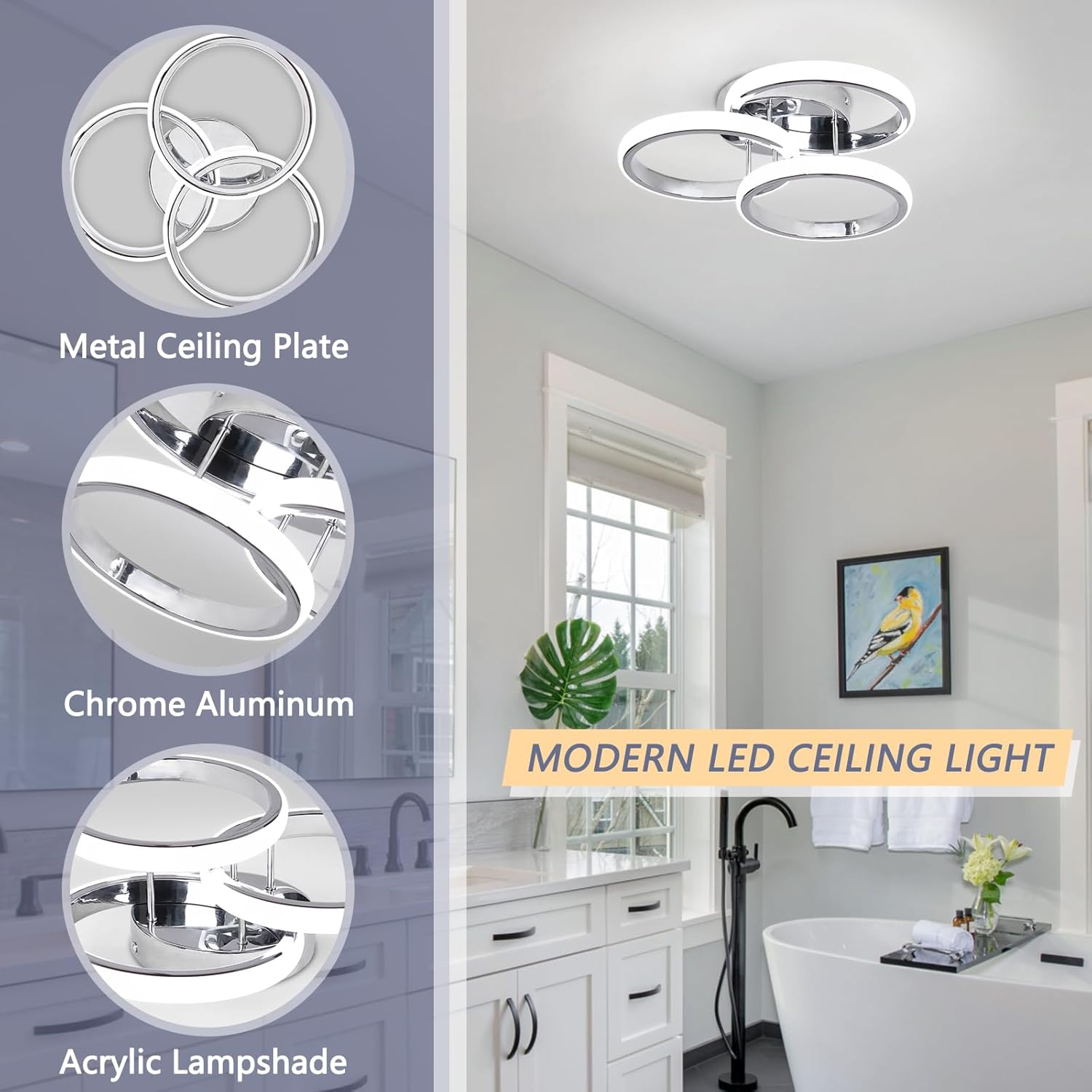 Modern LED ceiling light with metal ceiling plate, chrome aluminum, and acrylic lampshade in a bathroom setting.