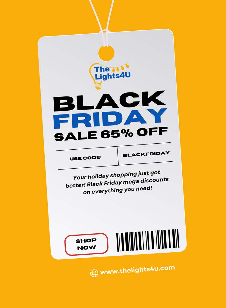 Promotional tag for The Lights4U Black Friday sale on a yellow background