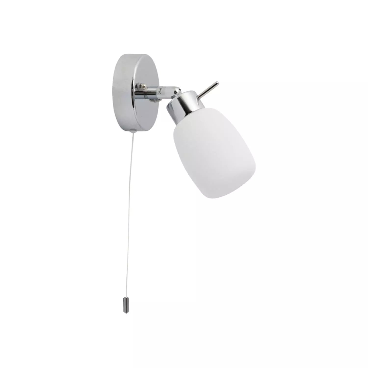 Close-up of polished chrome bathroom light with glass diffuser


