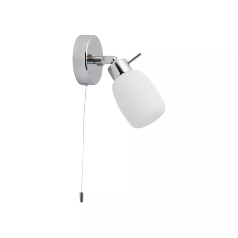 Close-up of polished chrome bathroom light with glass diffuser


