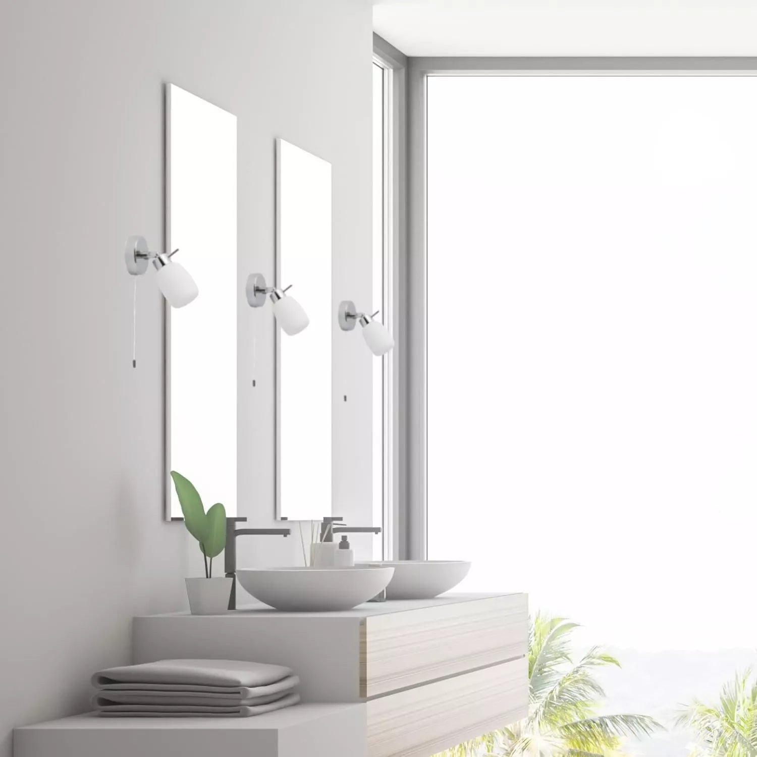 Modern Polished Chrome & Glass IP44 Bathroom Wall Light With Pull Cord Switch