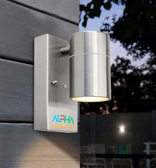Modern Stainless Steel Outdoor Garden Wall Down Light with Sensor - IP44 Rated - Complete with a 7W LED GU10 Bulb