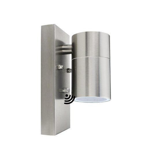 Modern Stainless Steel Outdoor Garden Wall Down Light with Sensor - IP44 Rated - Complete with a 7W LED GU10 Bulb