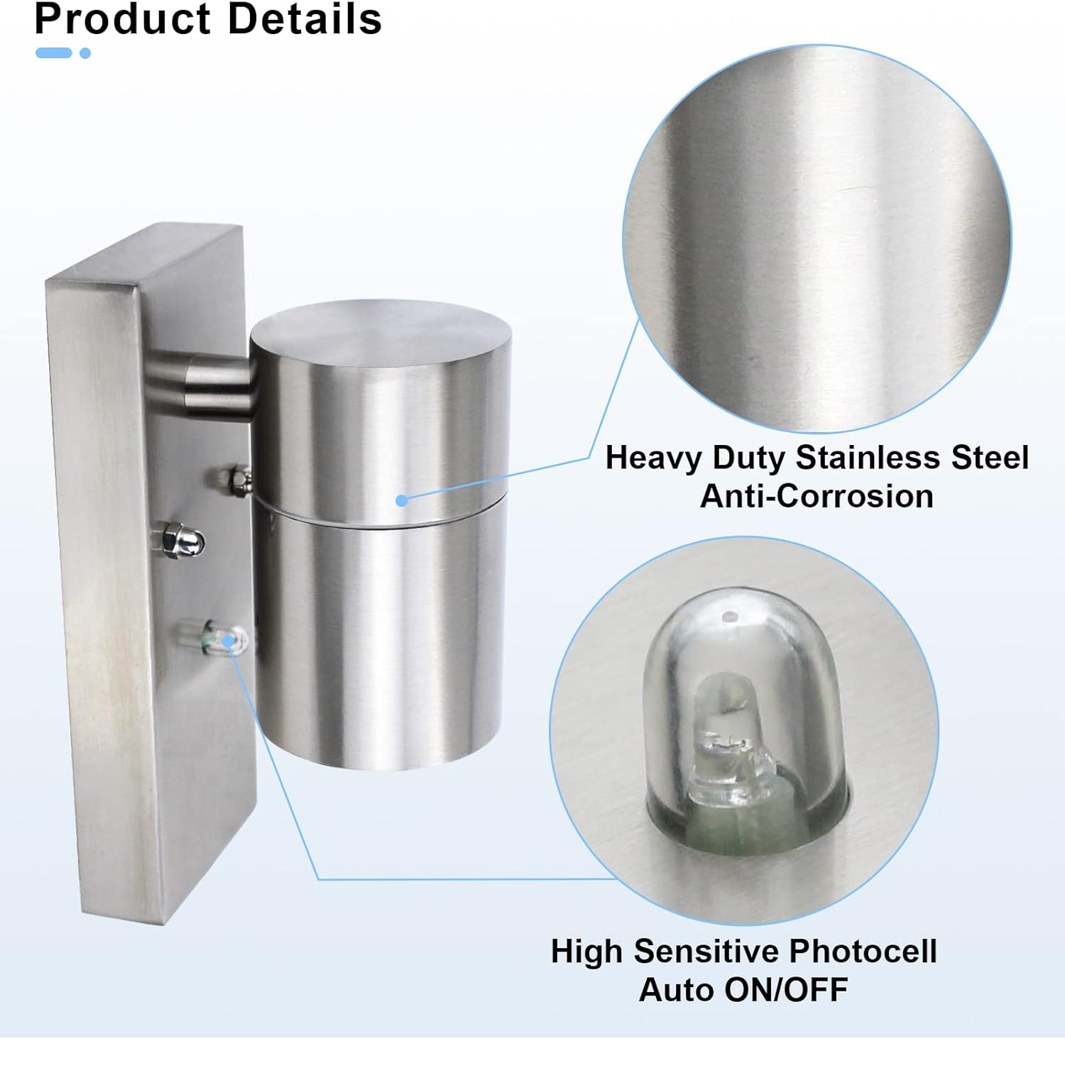 Modern Stainless Steel Outdoor Garden Wall Down Light with Sensor - IP44 Rated - Complete with a 7W LED GU10 Bulb