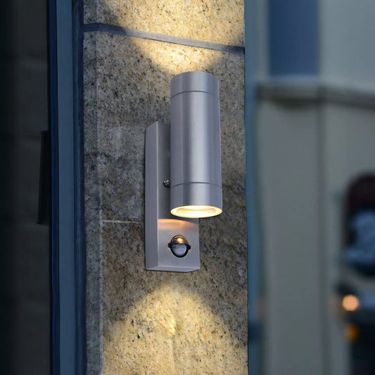 Stainless Steel Outdoor Security Light, Up Down GU10 LED Compatible, PIR Motion Sensor Porch IP44 Wall Light