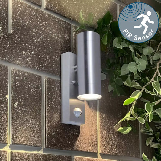 Stainless Steel Outdoor Security Light, Up Down GU10 LED Compatible, PIR Motion Sensor Porch IP44 Wall Light