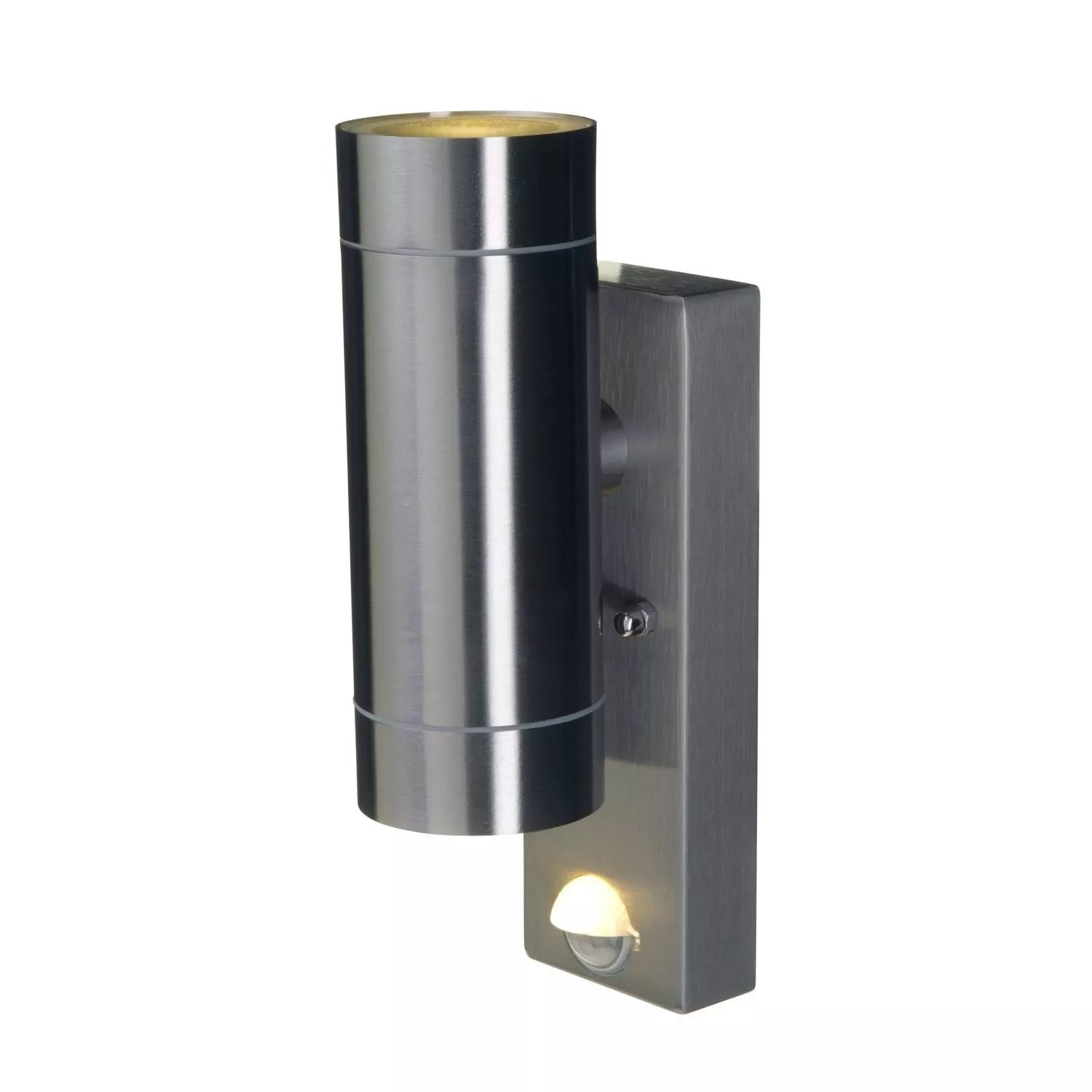 IP44 rated stainless steel wall light with motion sensor mounted on an exterior wall

