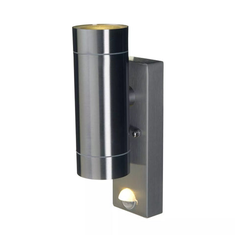 IP44 rated stainless steel wall light with motion sensor mounted on an exterior wall

