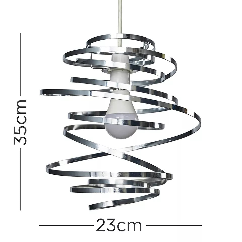 Modern swirl lampshade creating ambient lighting in a hallway