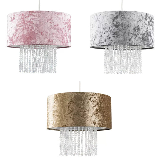 Modern velvet ceiling light shade in pink with clear acrylic droplets


