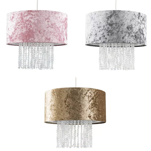 Modern velvet ceiling light shade in pink with clear acrylic droplets

