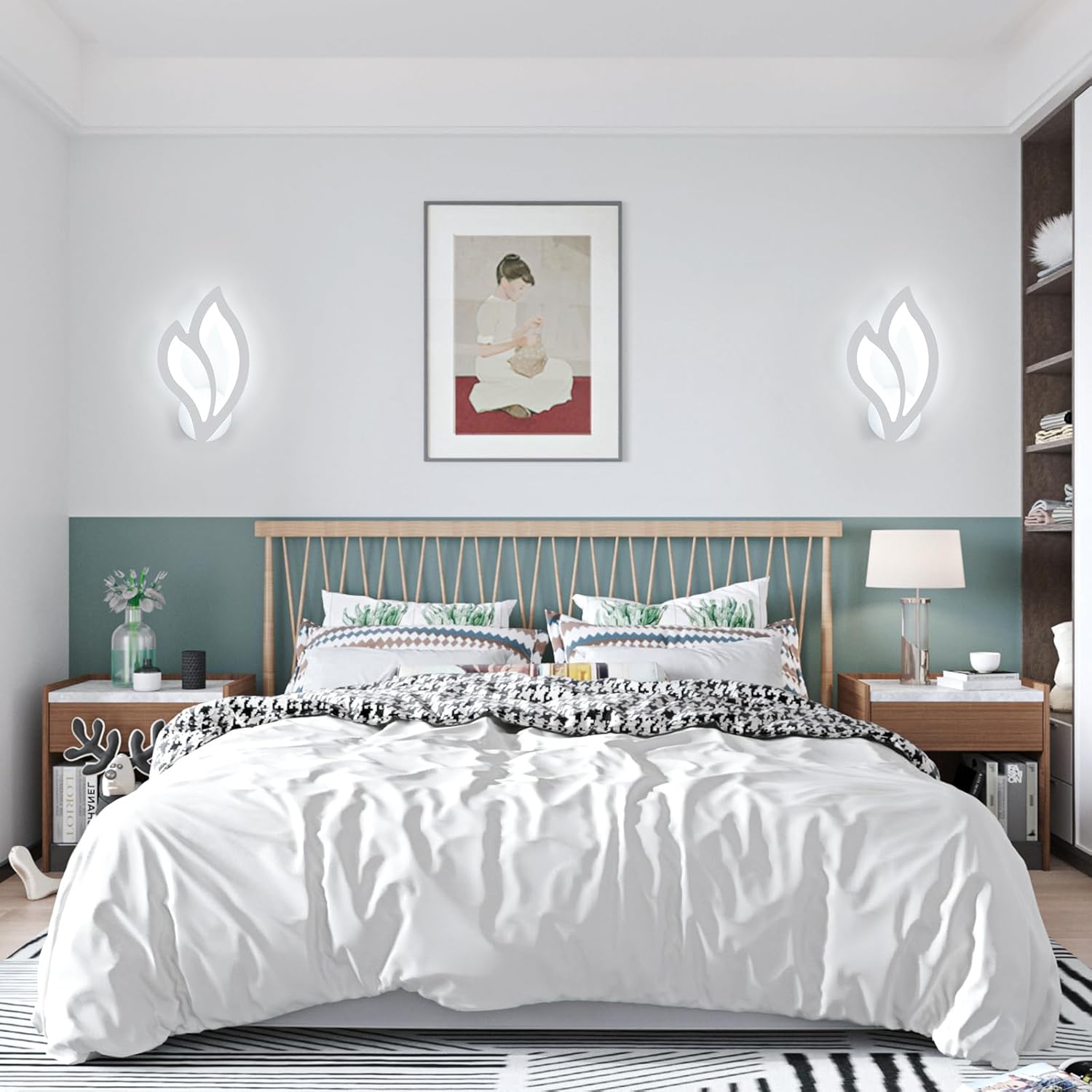 Modern bedroom with a bed, nightstands, and wall art.
