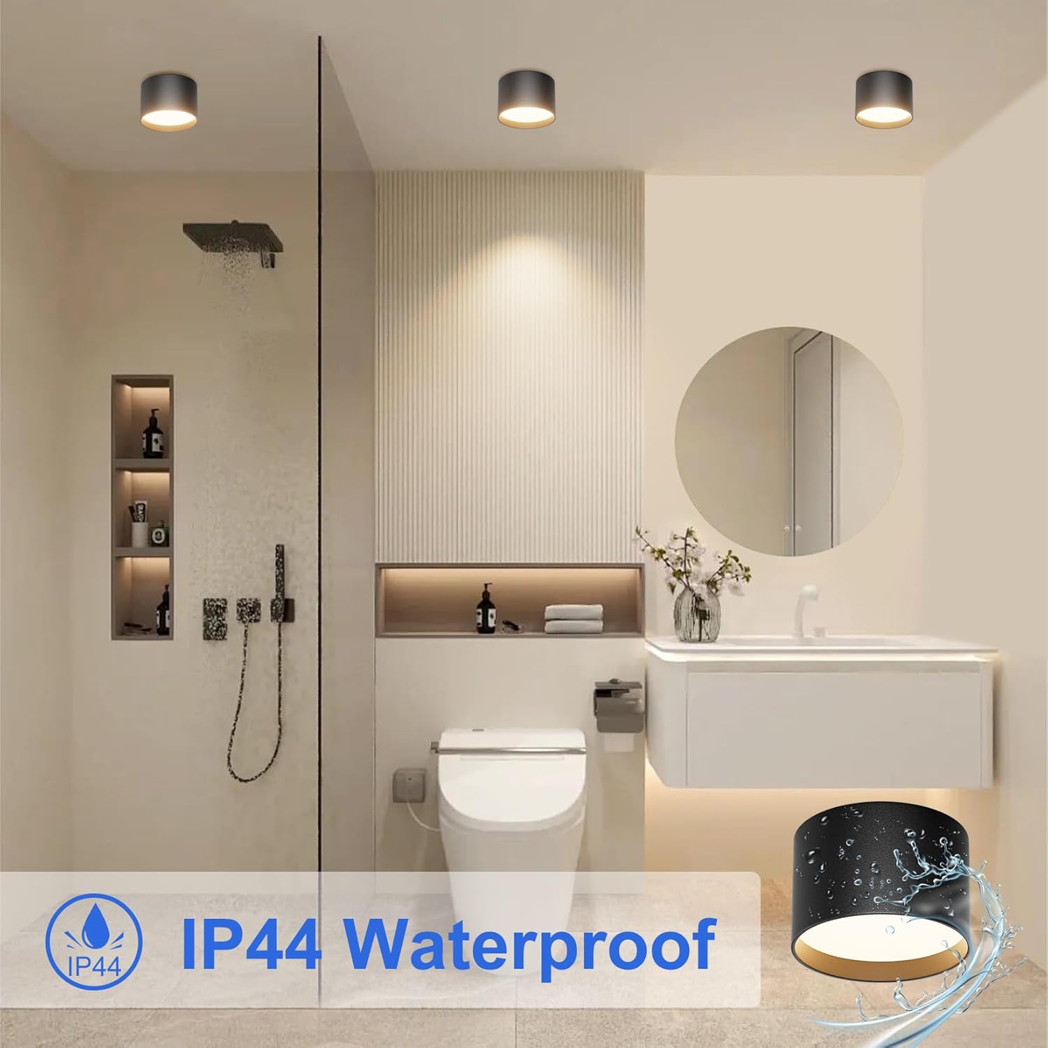 Modern bathroom with IP44 waterproof feature highlighted
