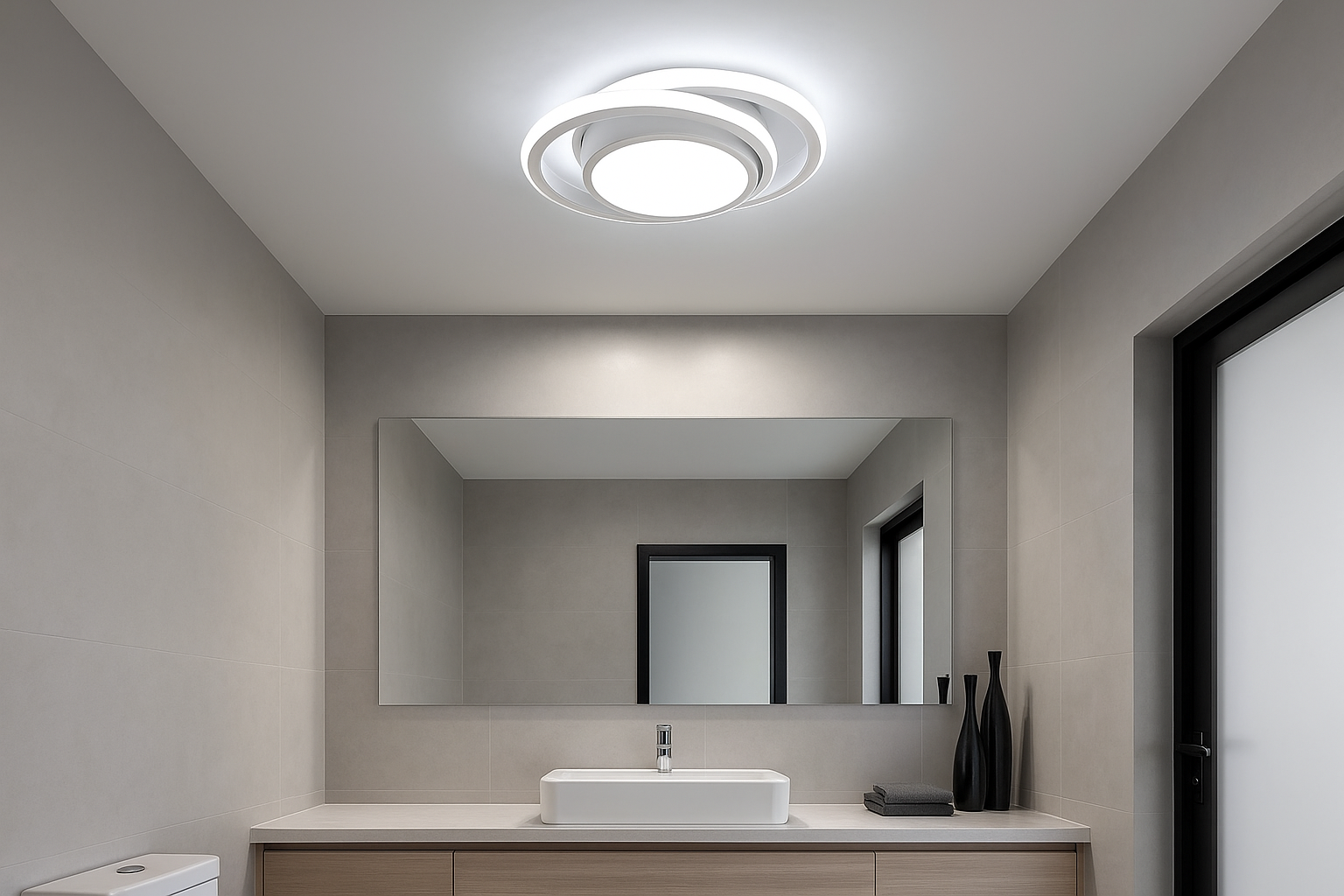Modern bathroom with a sink, mirror, and ceiling light fixture.