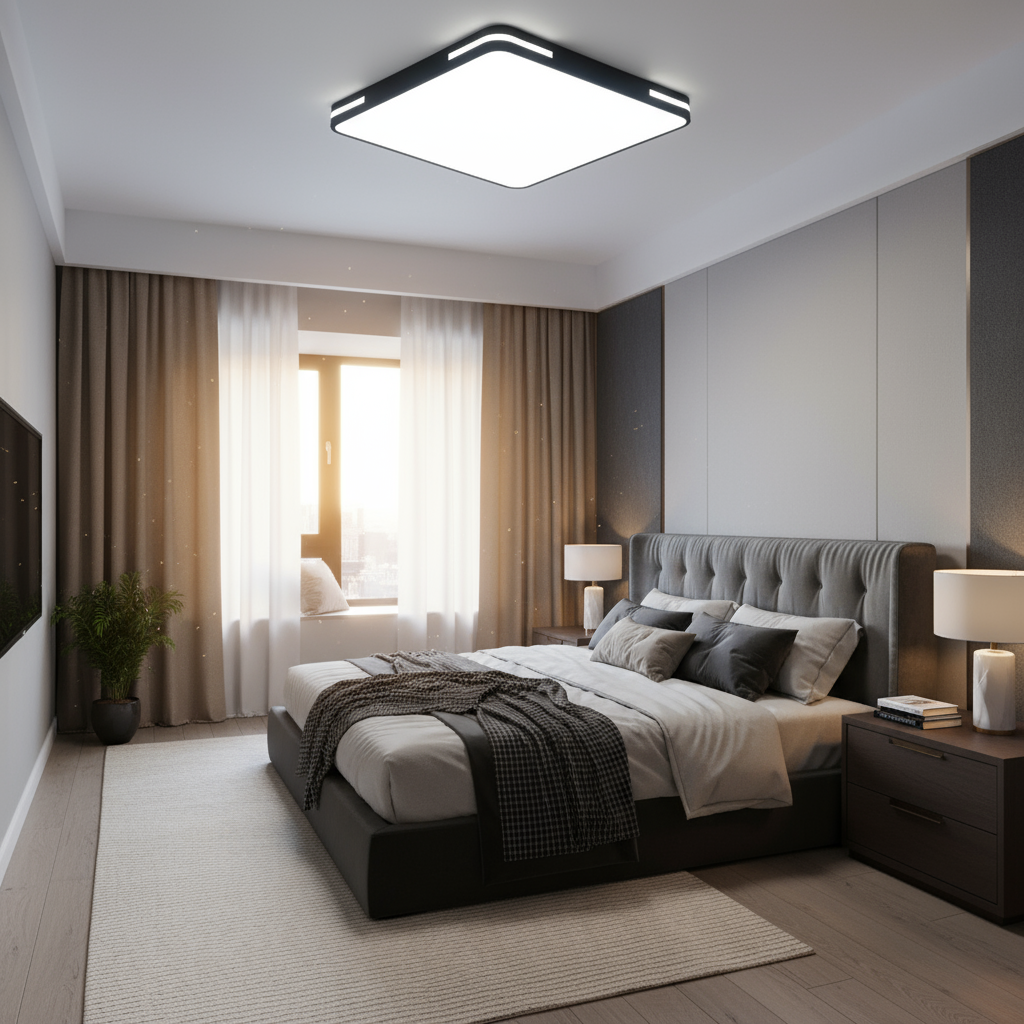 Modern bedroom with a bed, lamps, and large window with curtains.