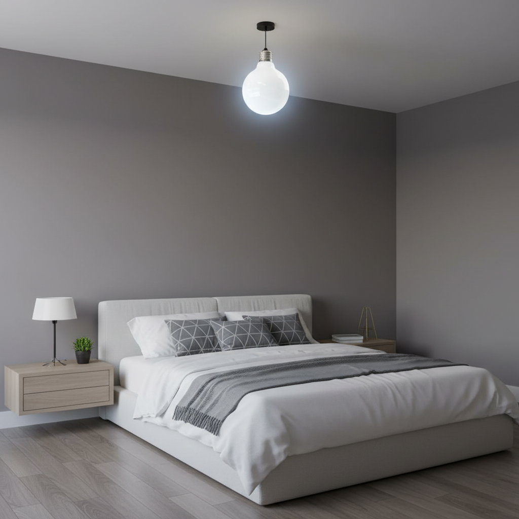Modern bedroom with a bed, nightstands, and a pendant light.