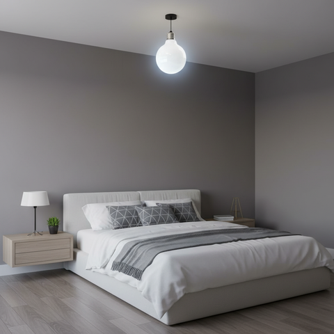 Modern bedroom with a bed, nightstands, and a pendant light.