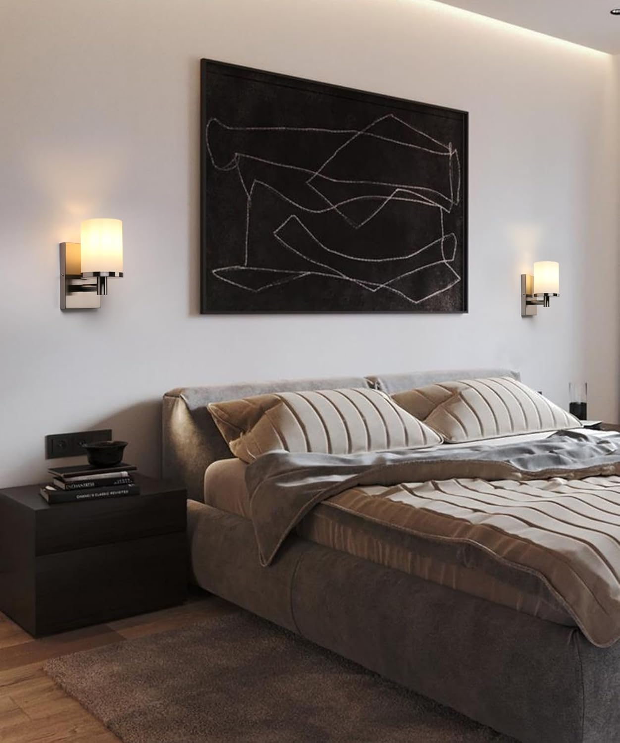 Modern bedroom with a bed, nightstands, and abstract wall art.