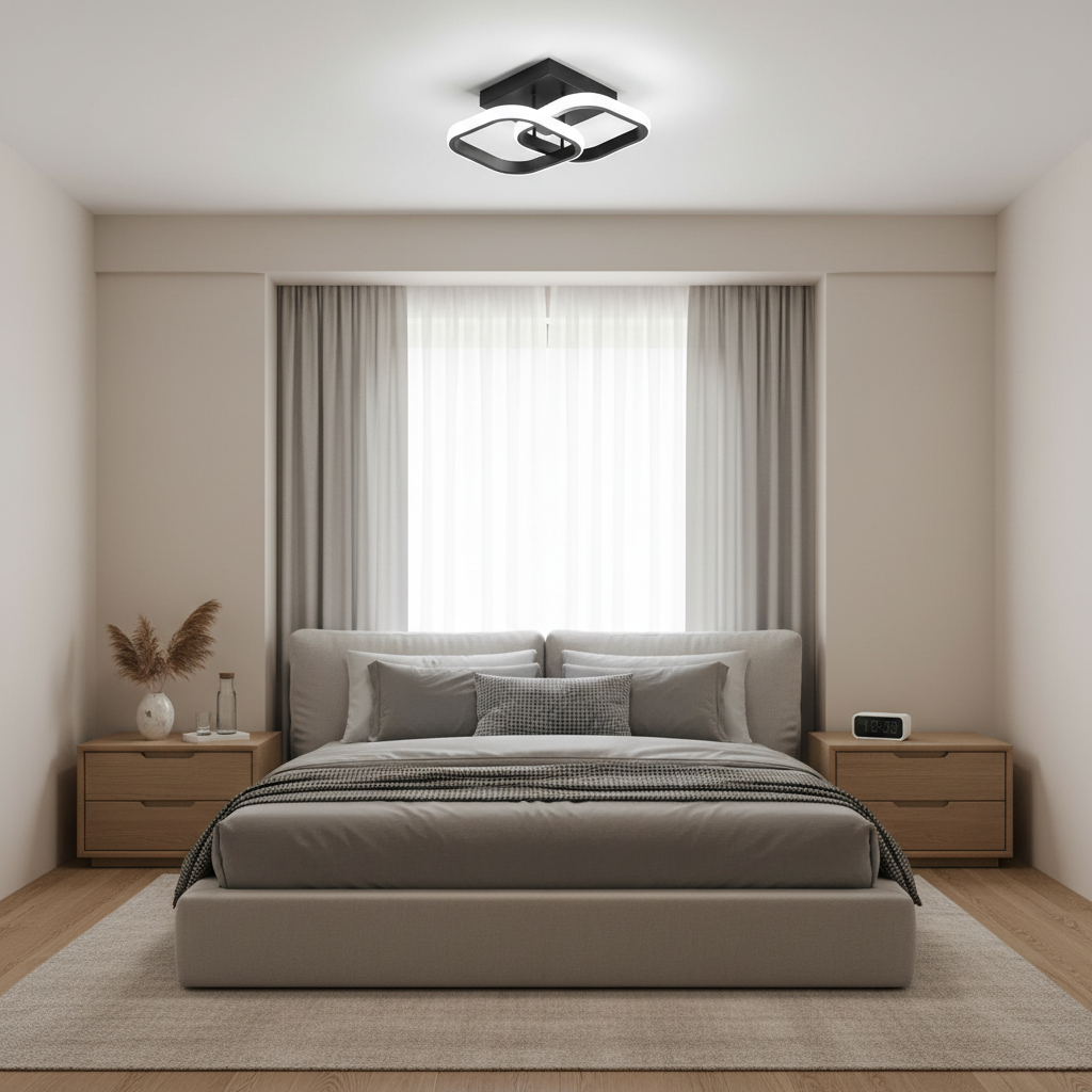 Modern bedroom with a bed, nightstands, and ceiling light fixture.Modern ceiling light fixture with black and white design on a neutral background