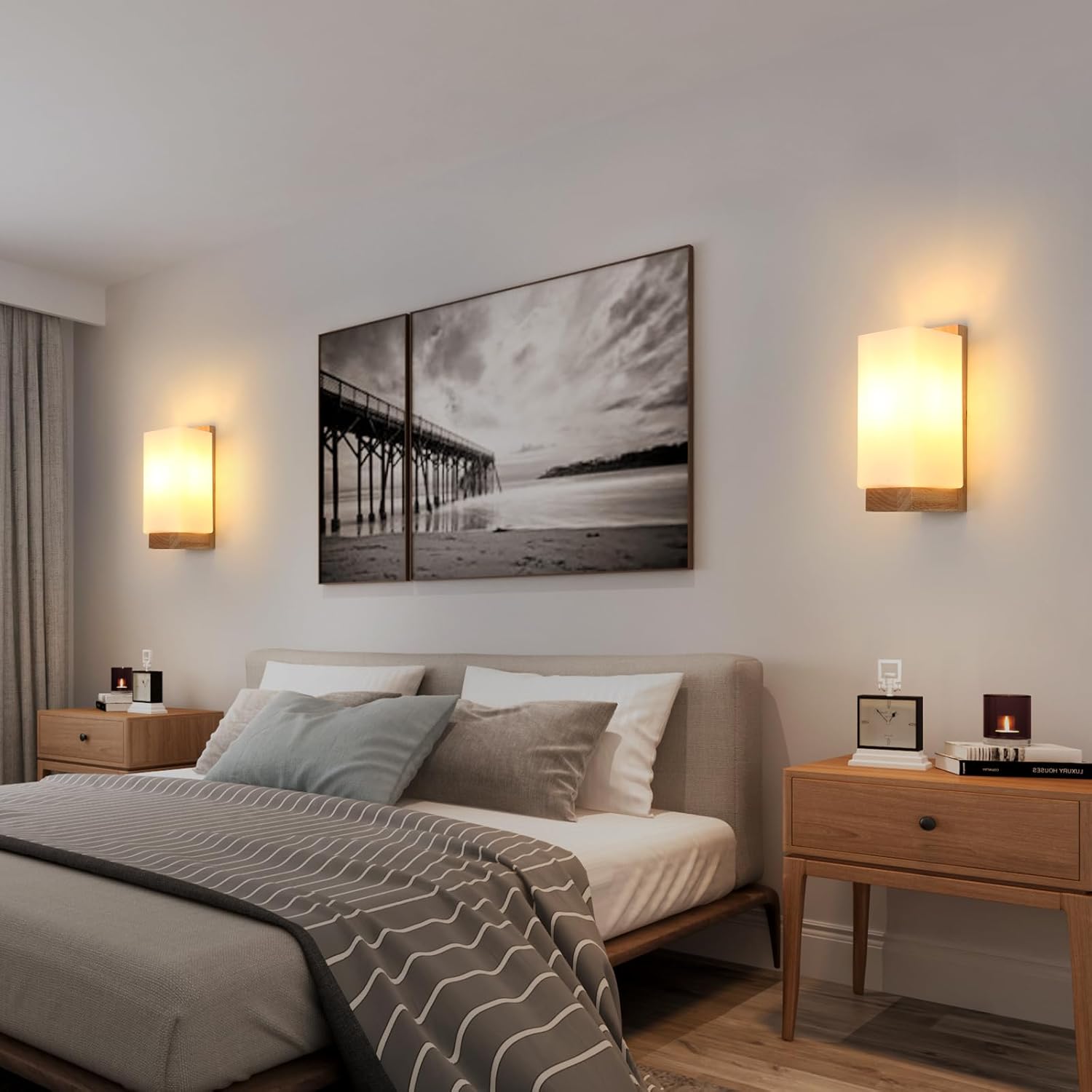 Modern bedroom with a bed, nightstands, and wall art.