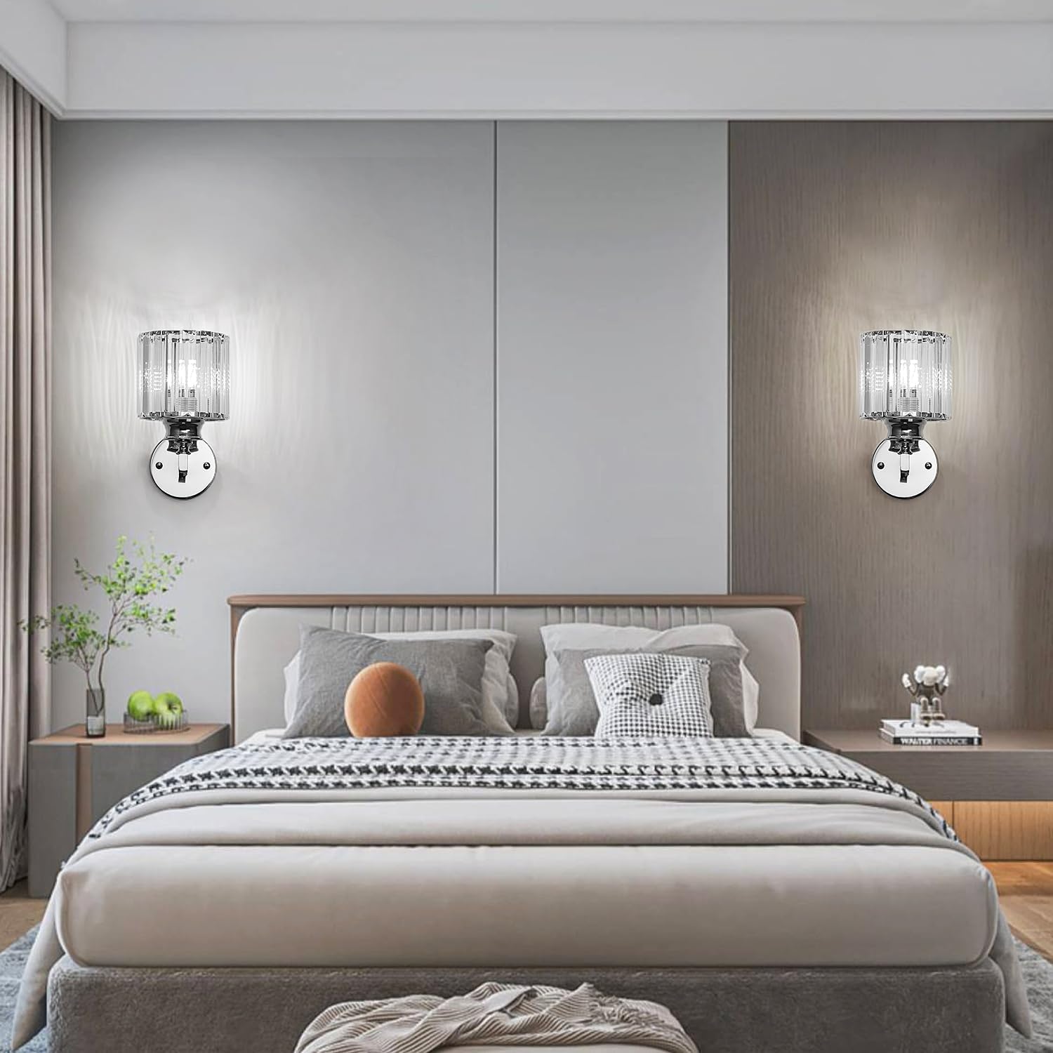 Modern bedroom with a bed, nightstands, and wall sconces.