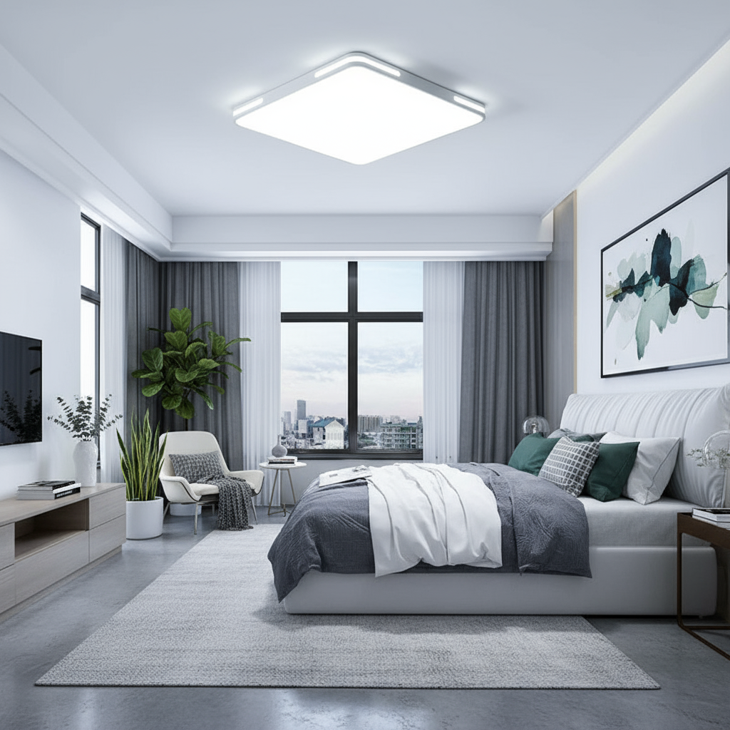 Modern bedroom with a bed, television, and large window
