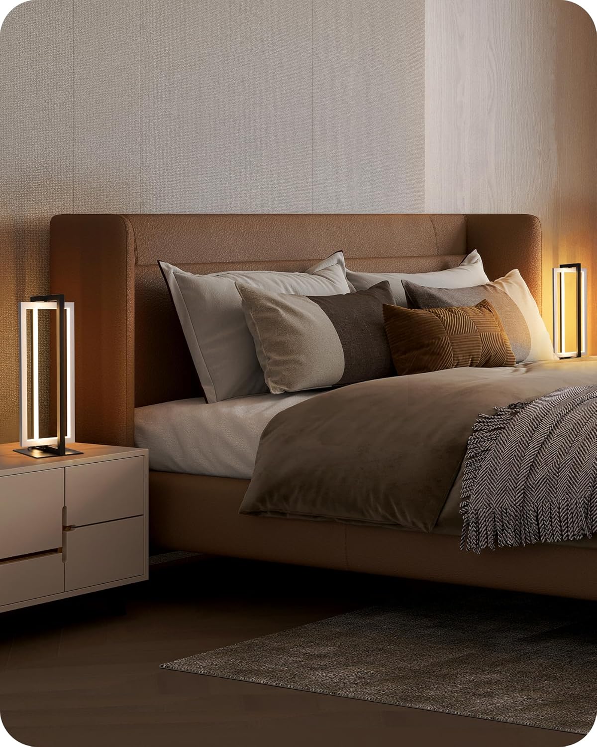 Modern bedroom with a brown bed, nightstands, and lamps.