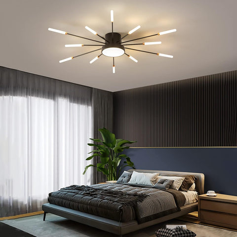 Modern bedroom with a ceiling light fixture, bed, and decorative elements.