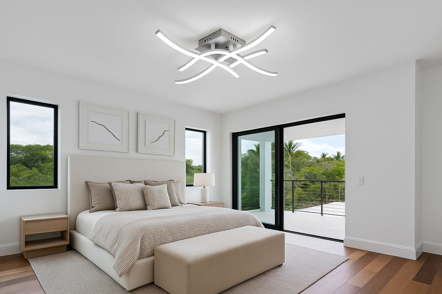 Modern bedroom with a ceiling light fixture, bed, and large windows.
