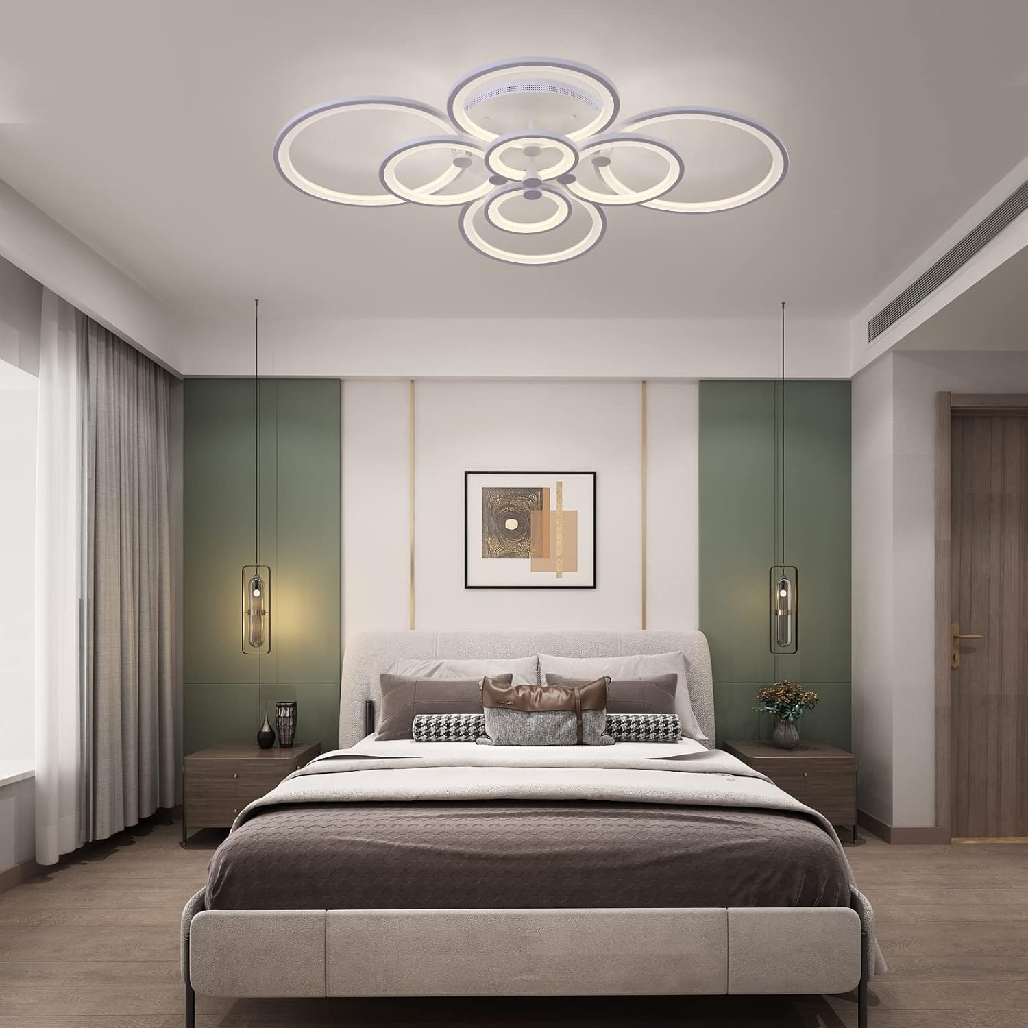 Modern bedroom with a ceiling light fixture, bed, and wall decor.