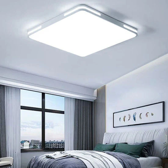 Modern bedroom with a ceiling light fixture, bed, and window view.