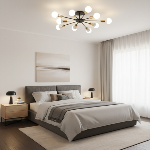 Modern bedroom with a gray bed, nightstands, and a chandelier.