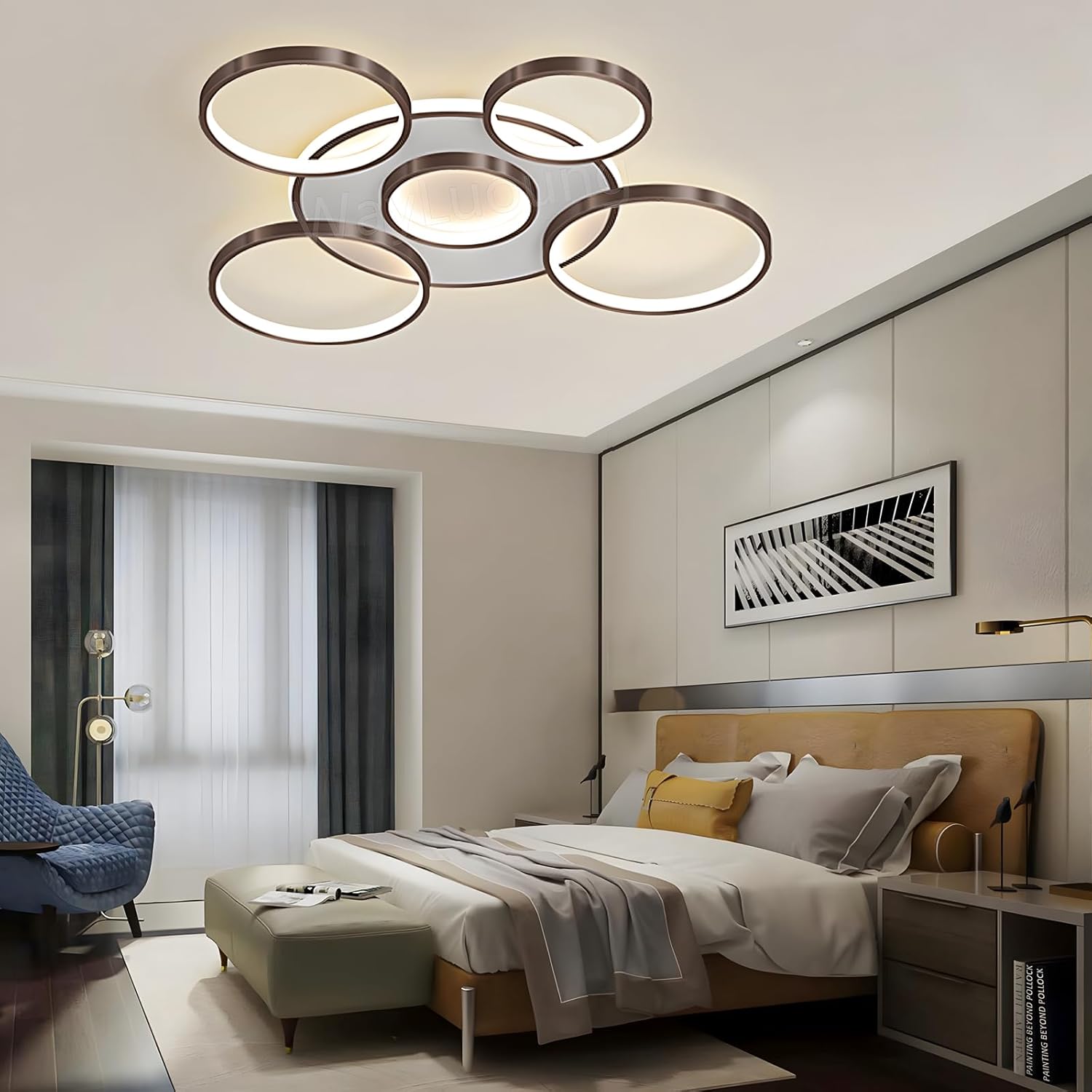 Modern bedroom with a stylish ceiling light 