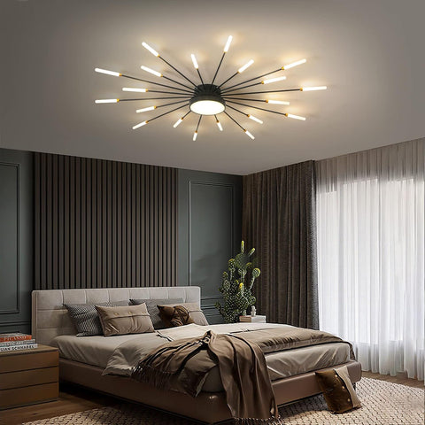Modern bedroom with a stylish ceiling light fixture, bed, and decor.