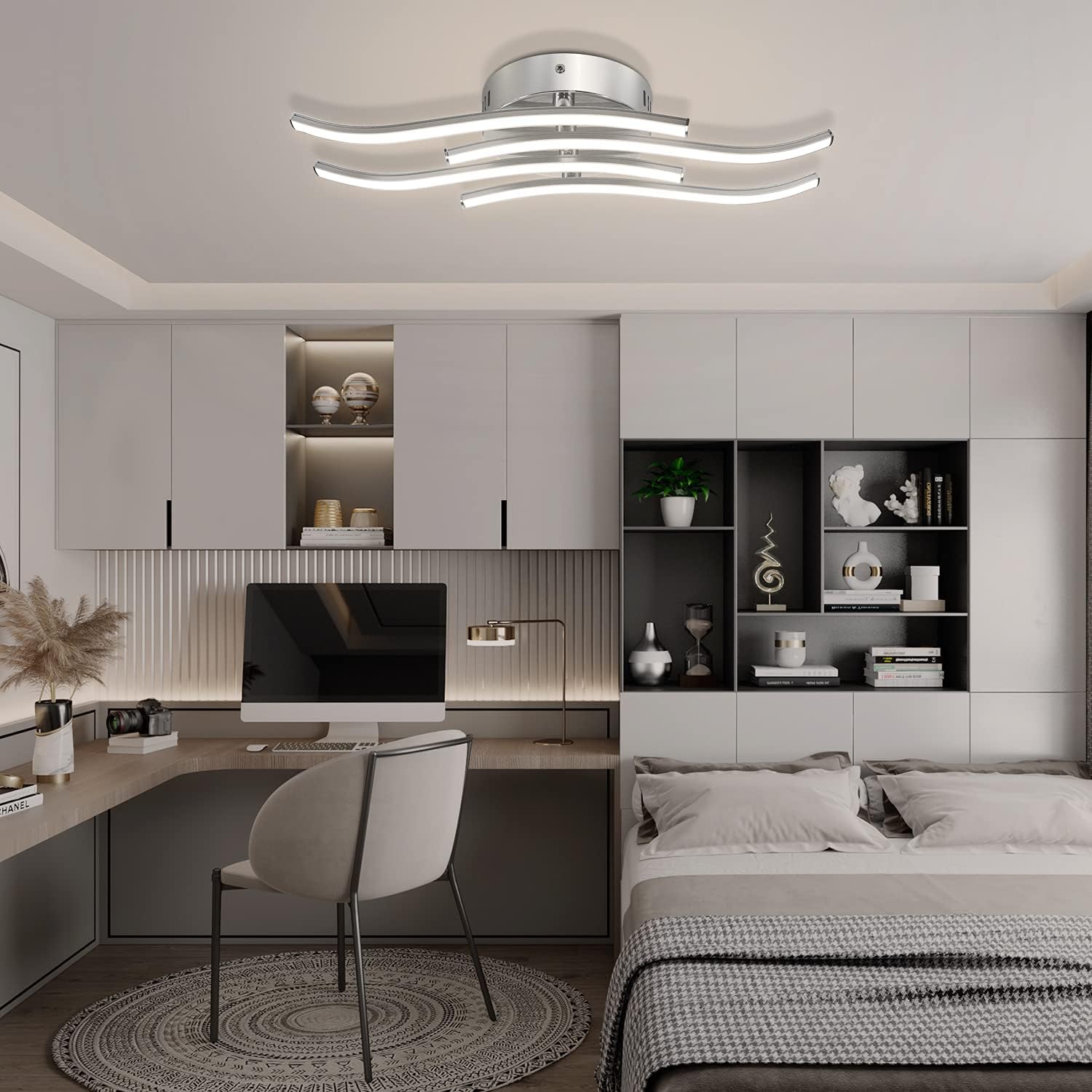 Modern bedroom with ceiling light fixture, bed, and desk.