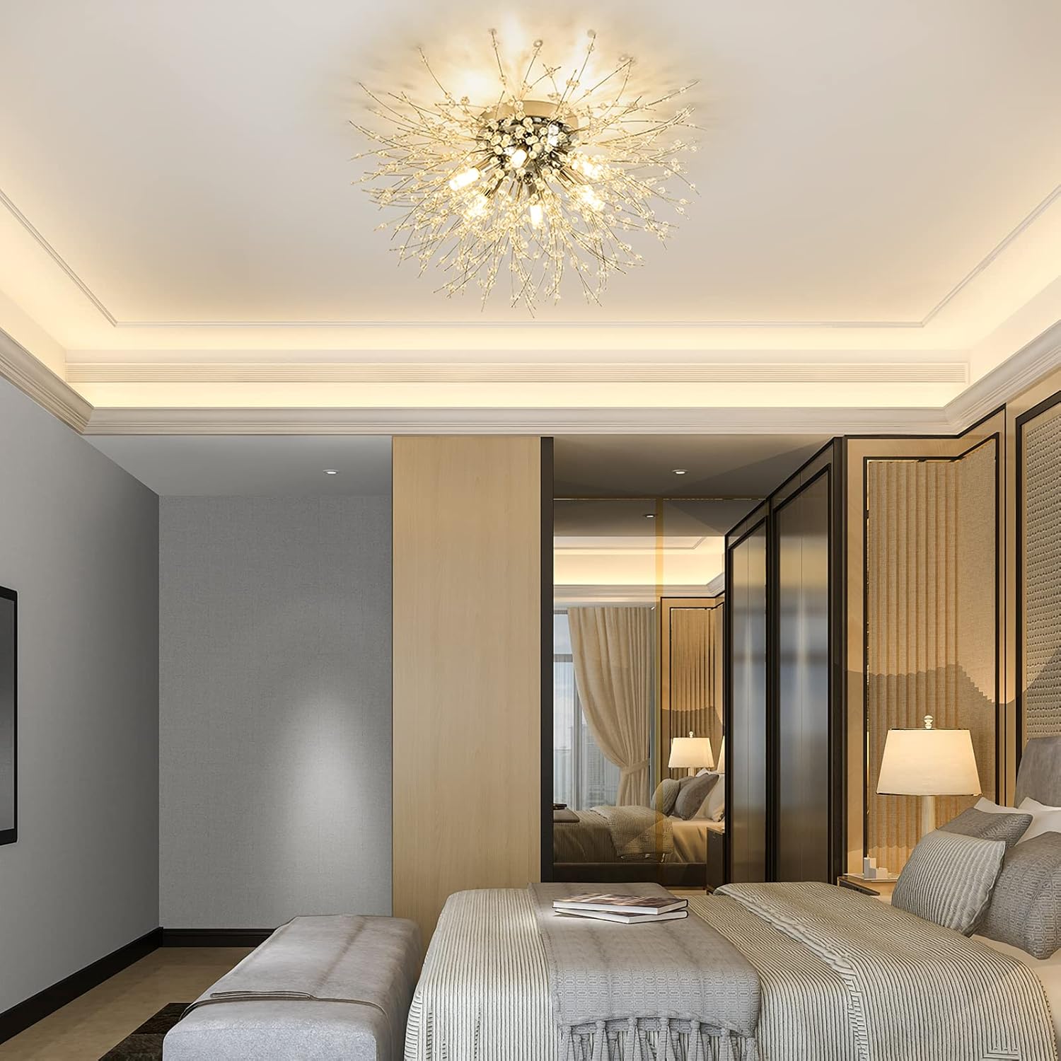 Modern bedroom with decorative ceiling light fixture, bed, and mirror.