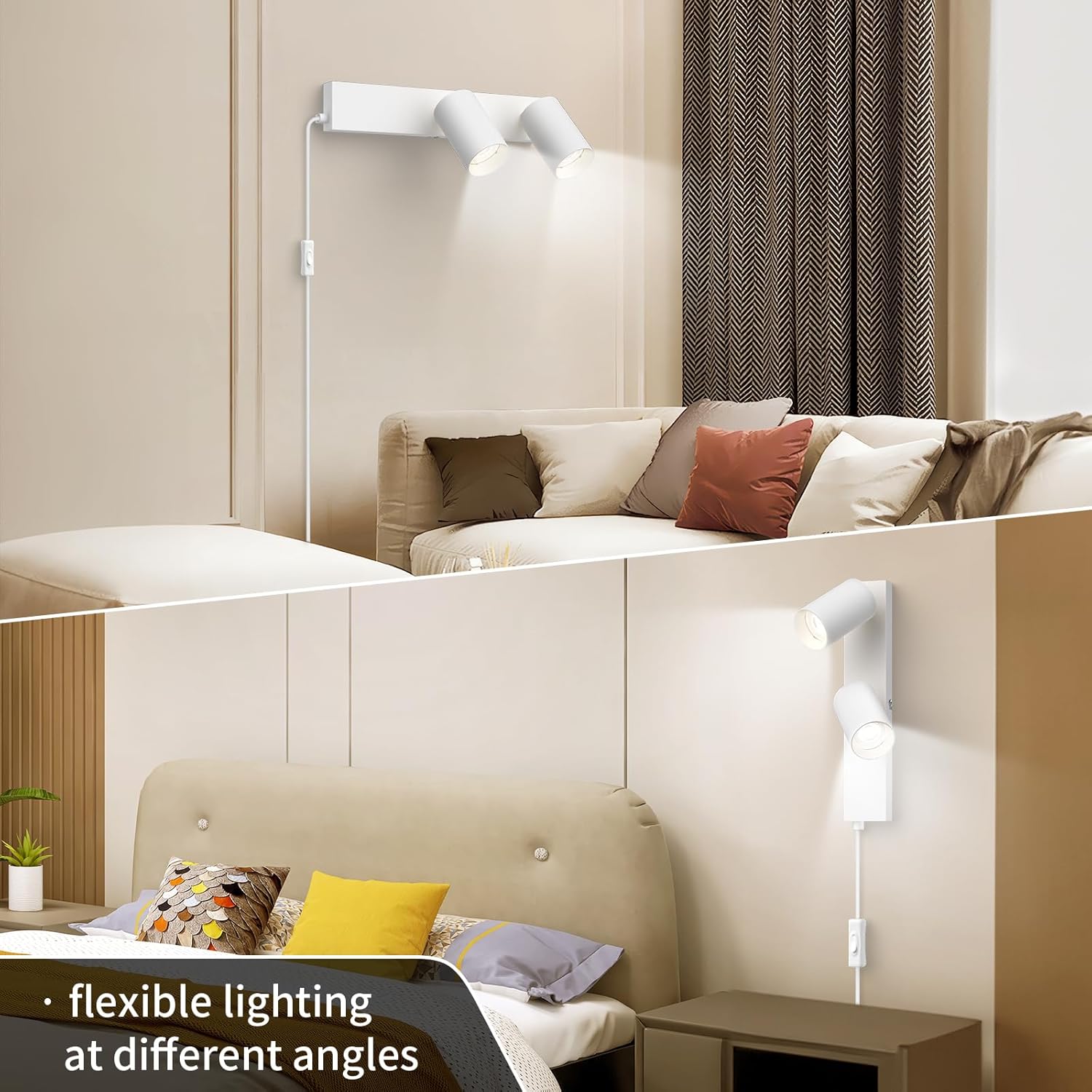 Modern bedroom with flexible wall-mounted lamp and beige sofa.