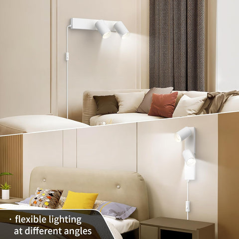 Modern bedroom with flexible wall-mounted lamp and beige sofa.