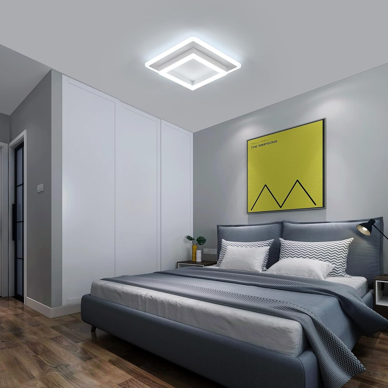 Modern bedroom with gray bed, nightstands, and a yellow abstract painting on the wall.