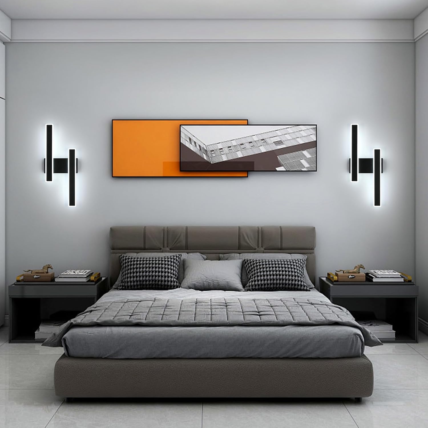 Modern bedroom with gray bed, nightstands, and wall art